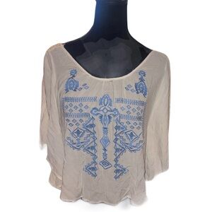 Entro Cream Blouse with Blue Embroidery